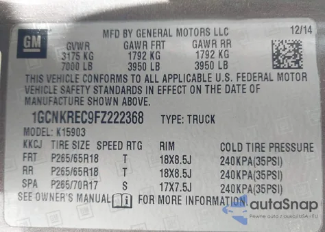 2015 Chevrolet Silverado 1500 2Lt from USA, damaged, VIN 1GCNKREC9FZ222368